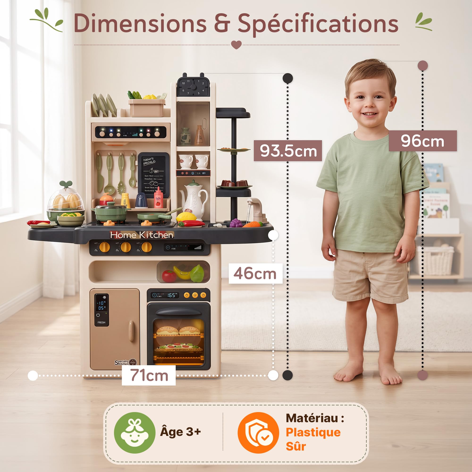 Kinderplay Cuisine Enfant - Hauteur 93.5 cm, Plan De Travail 46 cm - 65 Accessoires | Dinette | Cuisine Fille Complete, KP3297