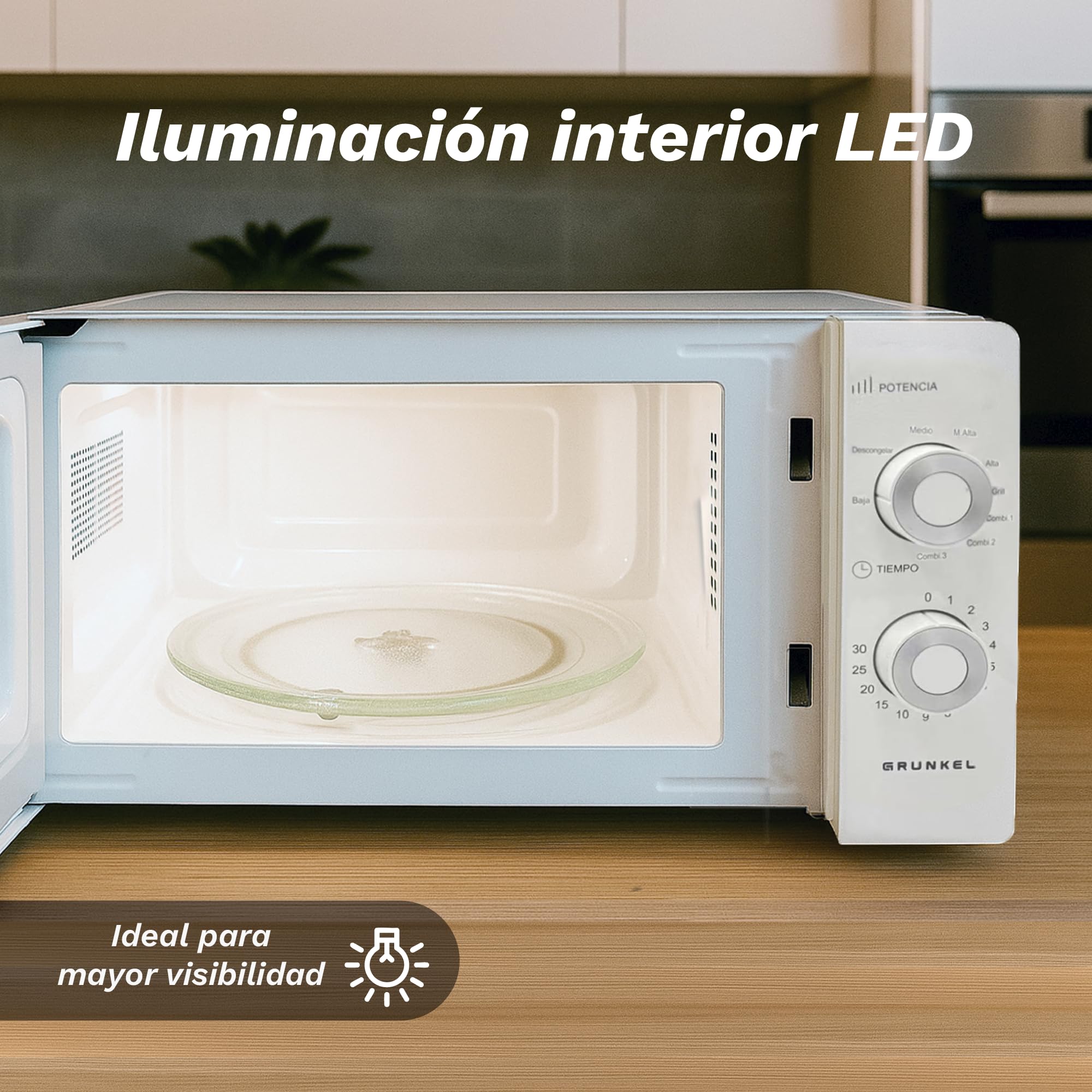 Grunkel Microondas con grill de 20 Litros, 700W + 900W Grill 5-6 Niveles de Potencia, 3 Modos Combinados, Temporizador 30 min Apertura con Tirador y Bandeja Ø245 mm
