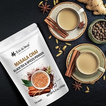MASALA CHAI ORGANIC BLACK TEA & SPICES / TE HE DE AMAR NET WT 5.3 oz 150g - 75 cups. Certified Organic Black Tea, Cinnamon, Cardamom, Ginger, Cloves, Pepper, Anise. 100% natural, pure, powdered, does not contain dairy bases, does not contain sugar. Vegan, gluten free, keto, non gmo.