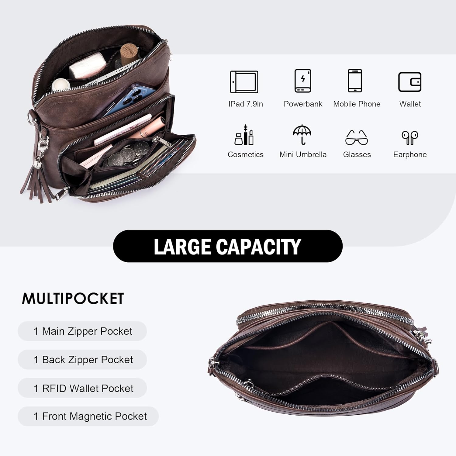 Roulens Crossbody Purse for Women Vegan Leather Medium Crossbody Wallet Bag for Travel Women Shoulder Handbags with Tassel - Image 4