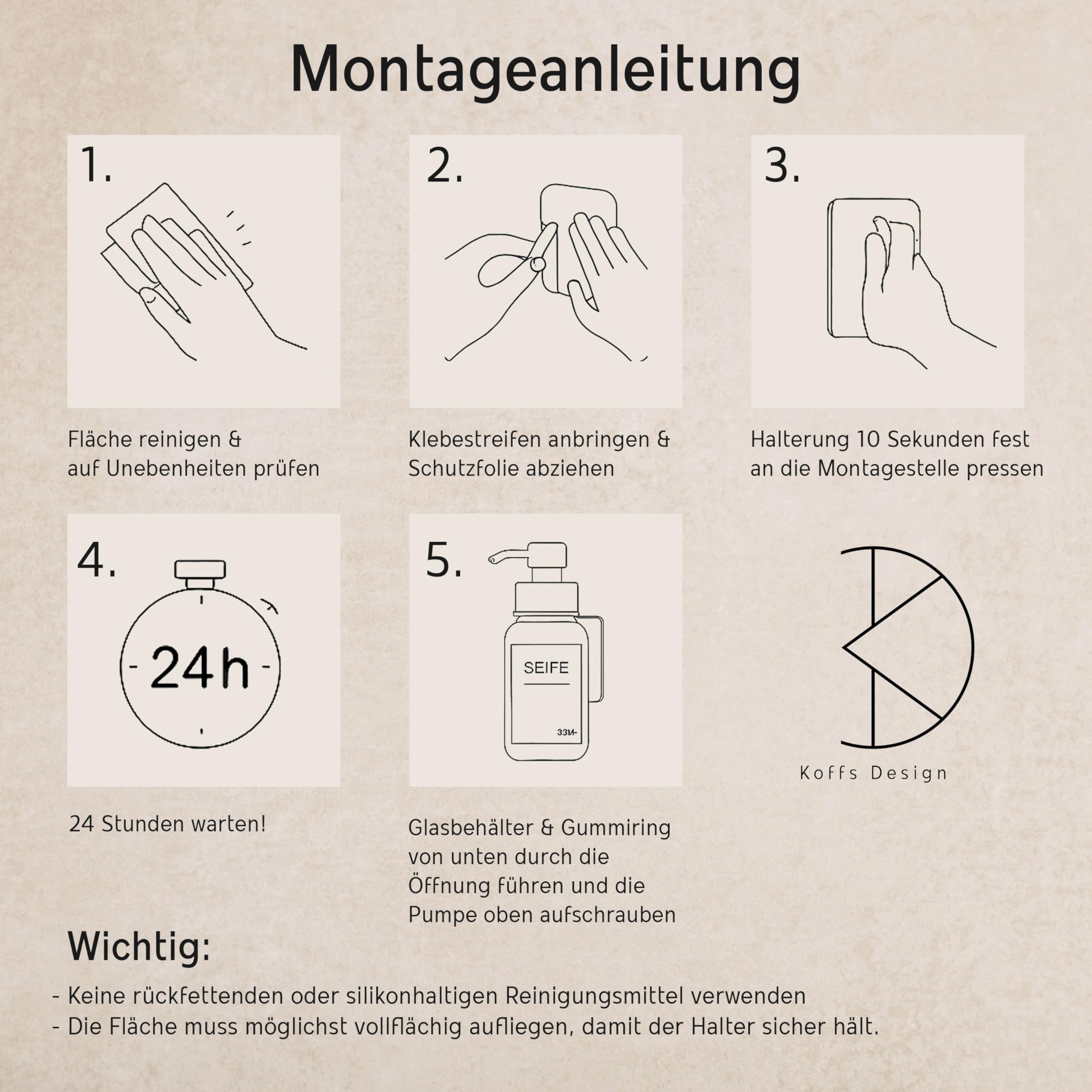 Glas Seifenspender mit Wandbefestigung - 300ml Braunglas Spülmittelspender mit Edelstahl Pumpkopf - Wandmontage ohne Bohren mit 3M Montageband, Set 2-Fach Halter