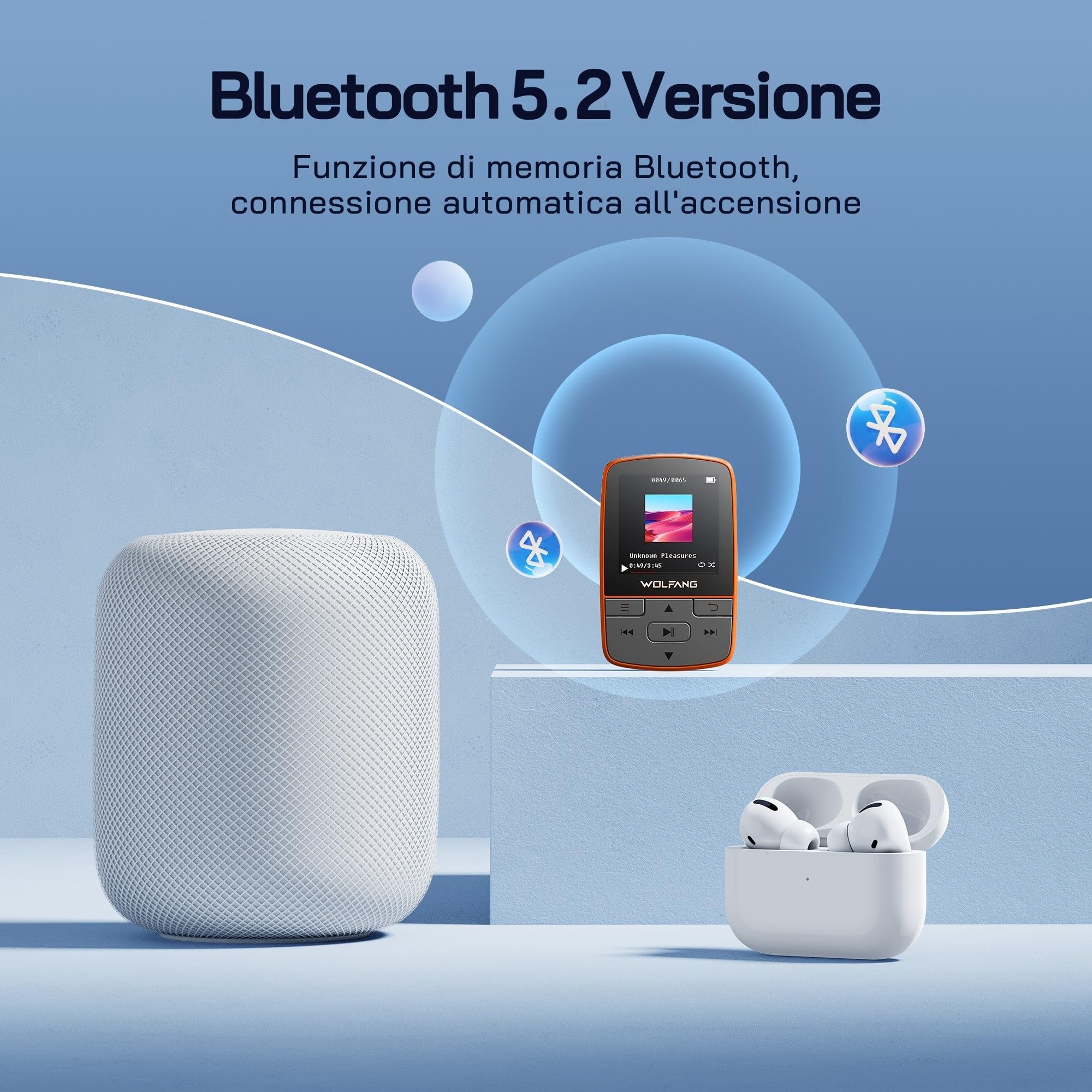 WOLFANG Lettore MP3 con Bluetooth 5.2, clip sportiva, formato mini, peso 28,3 g, radio FM HiF, registratore vocale, auricolari inclusi, arancione
