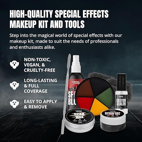 Professional SFX Makeup Kit - Complete Special Effects Makeup Kit with Scar Wax, Coagulated Blood Gel, Castor Sealer, Fake Blood Spray and Tools - Halloween Makeup Kit for Adults - Splashes & Spills