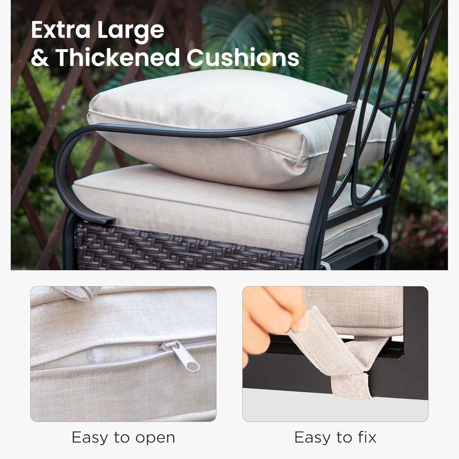 PHI VILLA Outdoor Dining Set of 4, Heavy Duty Outdoor Metal Wicker Dining Chair with Thick Cushions, Large All Weather Wrought Iron Deck Chair for Outisde, Porch Backyard, Support 300lbs