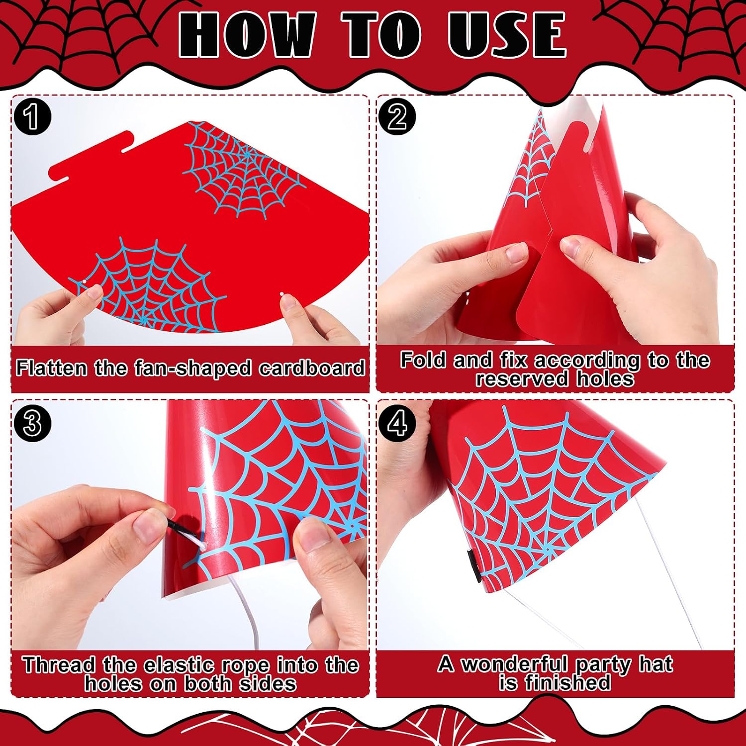 24 Pcs Spider Theme Birthday Party Hats Red Blue Spider Web Paper Cone Hats Decorations Spiderweb Paper Headwear with Elastic String for Adults Movie Fans Hero Themed Birthday Party Supplies
