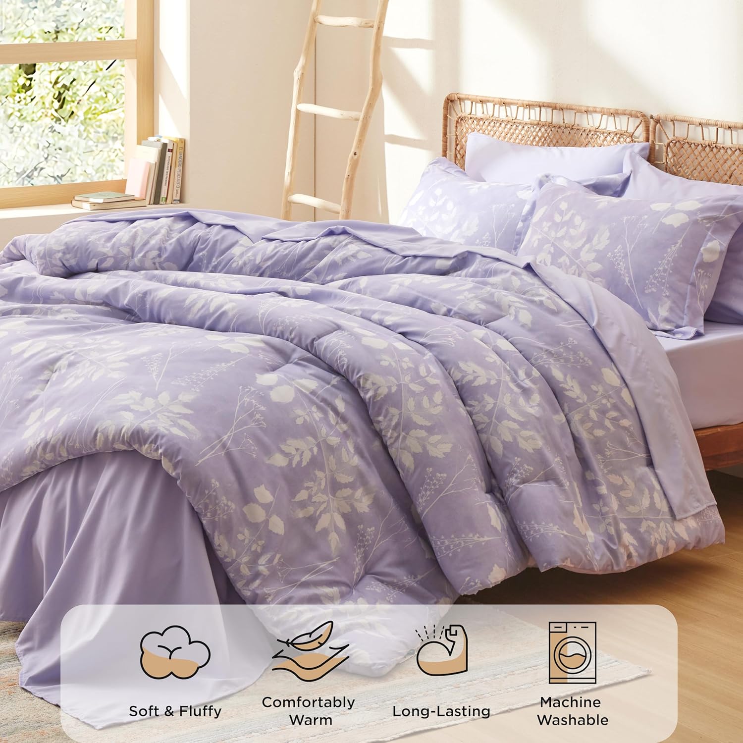 Bedsure King Size Comforter Set - 7 Pieces Floral Lavender Soft Bedding Sets, King Bed in a Bag with Botanical Flowers Comforter, Sheets, Pillowcases & Shams - Image 3