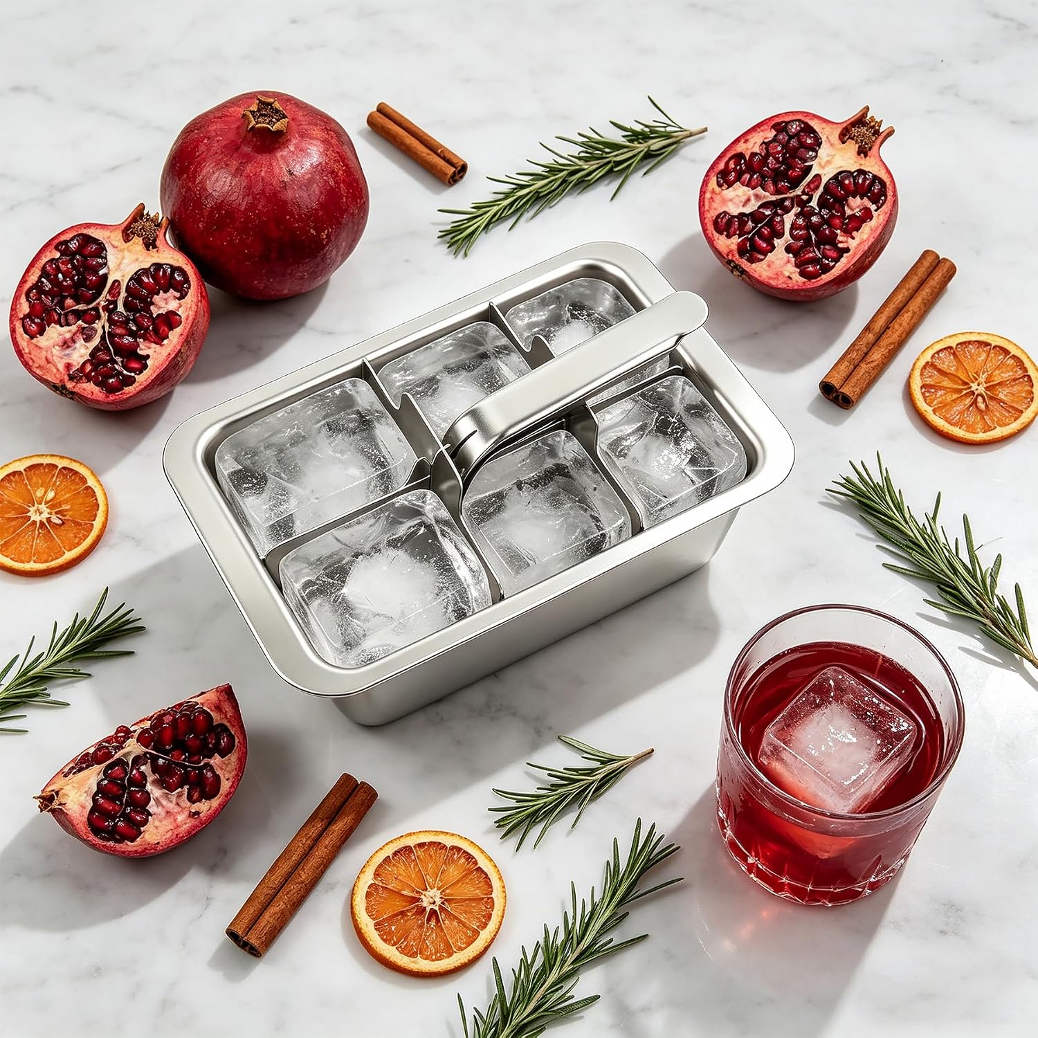 Stainless Steel Ice Cube Tray, Large Ice Cube Trays Mold for Whiskey, Metal Ice Cube Trays for Freezer with Release Lever, Cocktails Whiskey Ice Cubes Mold, Easy Release 6 Large Ice Cubes