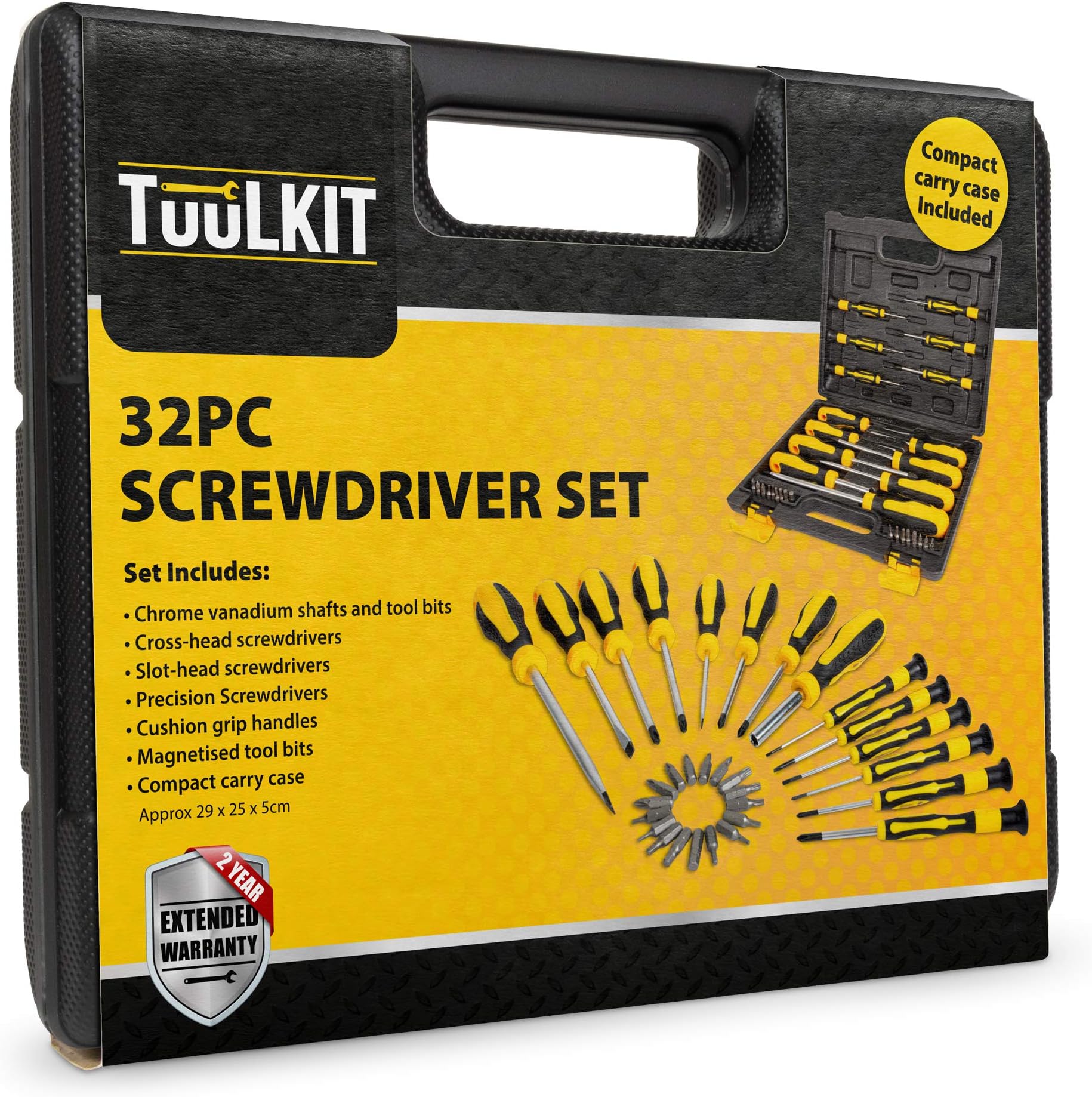 32 Pieces Screwdriver Set with Compact Carry Case, Flat-Head, Cross-Head, Slot-Head and Precision Screwdrivers, Cushion Grip Handles, Magnetised Hex, Torx, Ph, Pz Bits