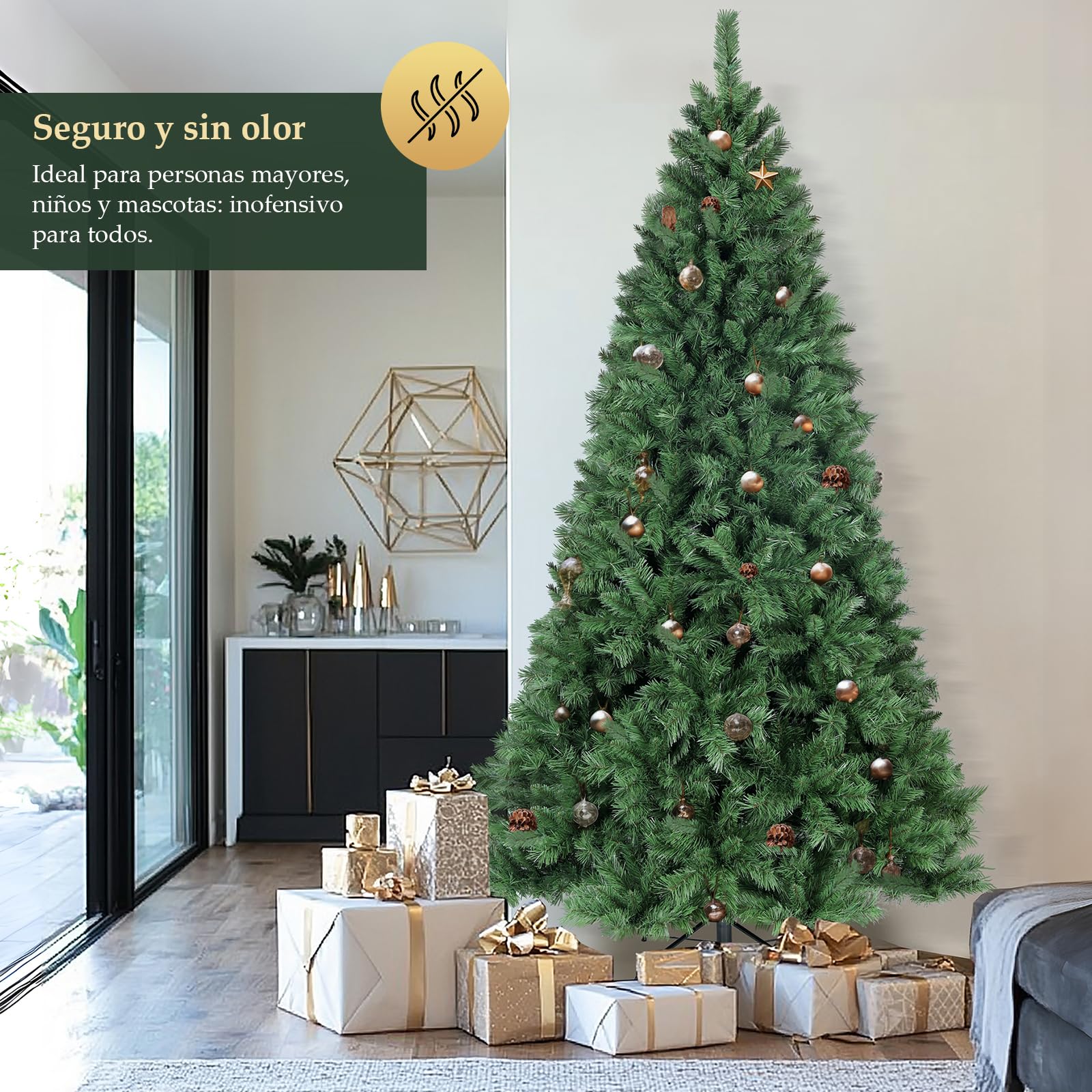 SALCAR Arbol de Navidad Artificial 210 cm, Árbol de Navidad con Guantes y 868 Puntas de Rama Soporte de Metal, Montaje Rápido, Ignífugo, Abeto
