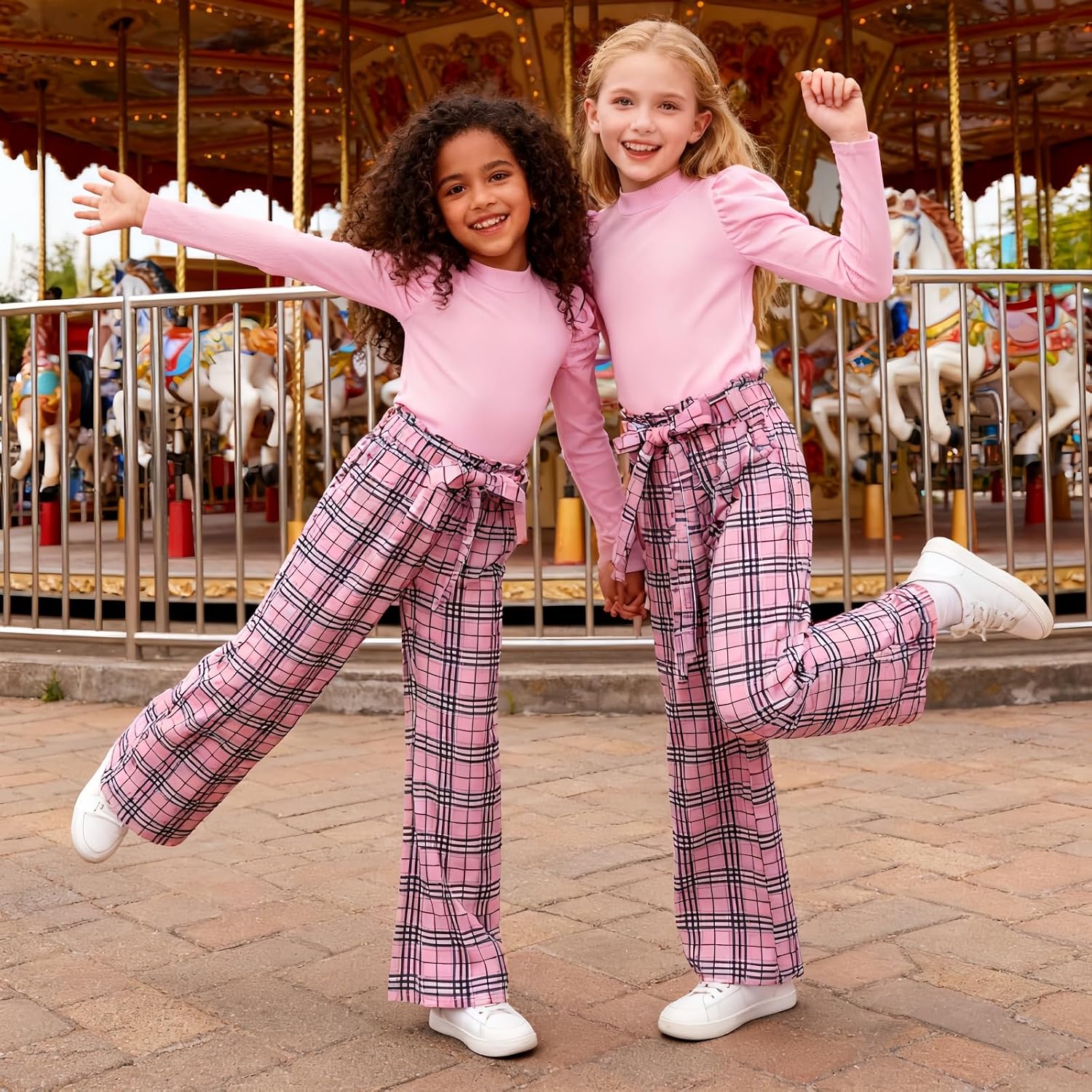 Girls 2 Piece Outfits Fall Winter Plaid Wide Leg Pant & Puff Sleeve Knit Top Christmas Clothes Set for Teens 5-14Y