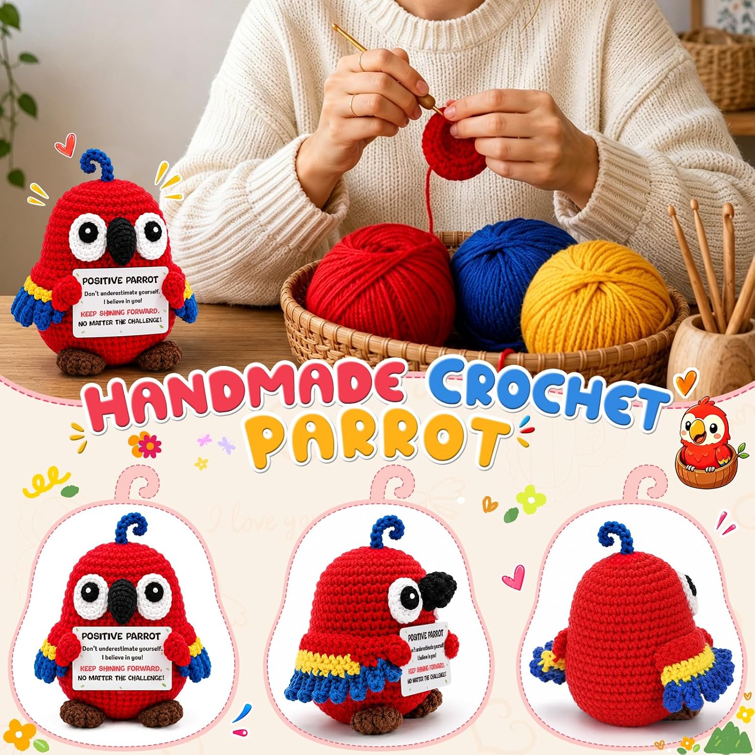 Xinezaa Parrot Birthday Gifts for Women Men Son Daughter, Back to School | Gifts for Sister Bestie Coworker, Cute Positive Crochet Parrot, Emotional Inspirational Gift, Parrot Decor Christmas Stocking