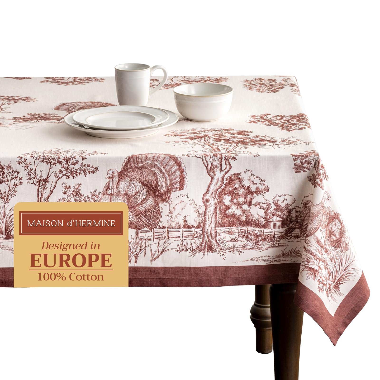 Maison d'Hermine Tischdecke Rechteckig 100% Baumwolle 220 cm x 160 cm Wiederverwendbar Alltagsgebrauch für Weihnachtsdekorationen Esszimmer Landhaus Zuhause Party Festlich (Holy Jouy - Brown)