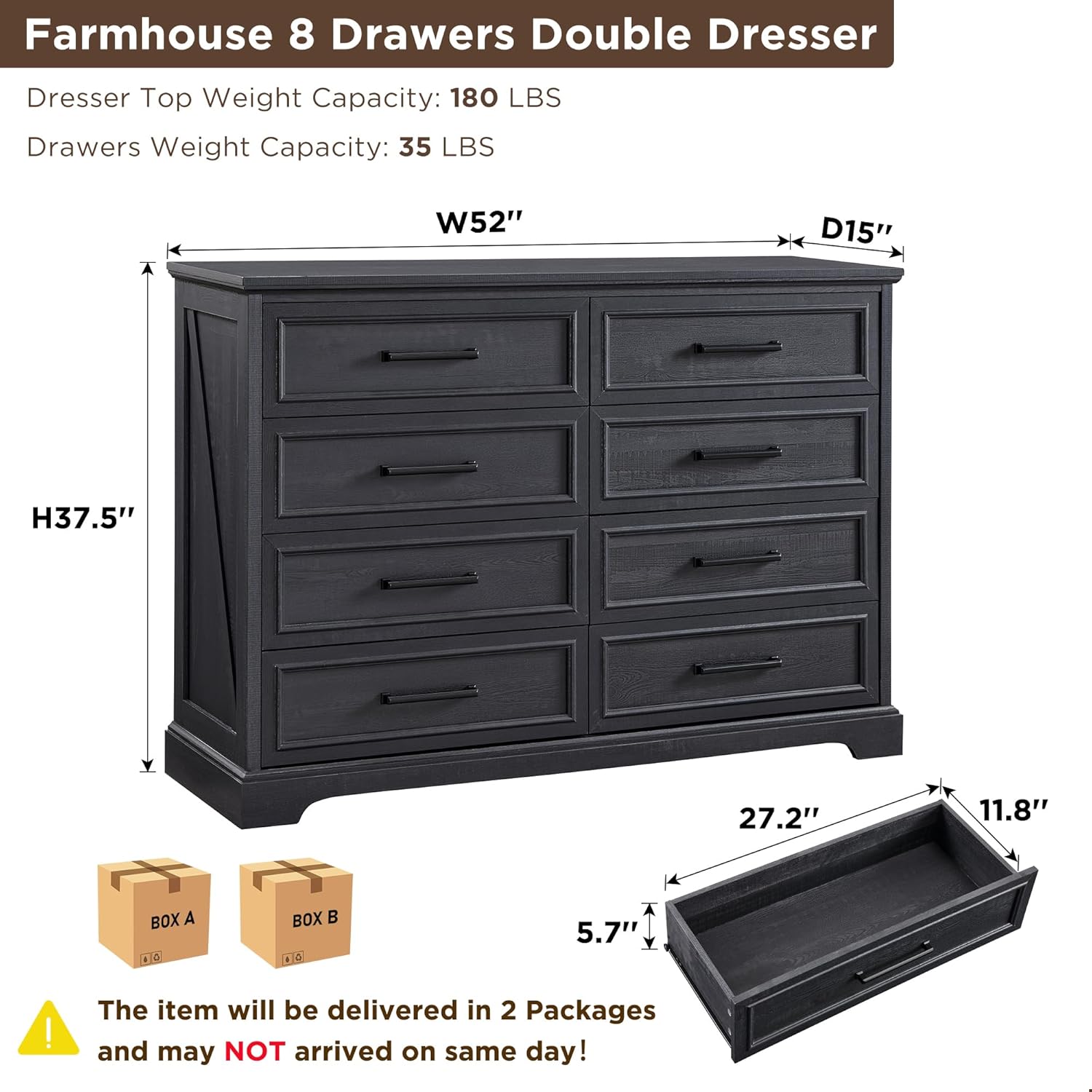 ACCOHOHO Farmhouse 8 Drawers Dresser Chests for Bedroom,52" Wide Wood Rustic Chest of Drawers with Metal Handle,Natural Texture,Drawer Organizer for Bedroom,Living Room,Hallway and Entryway,Black
