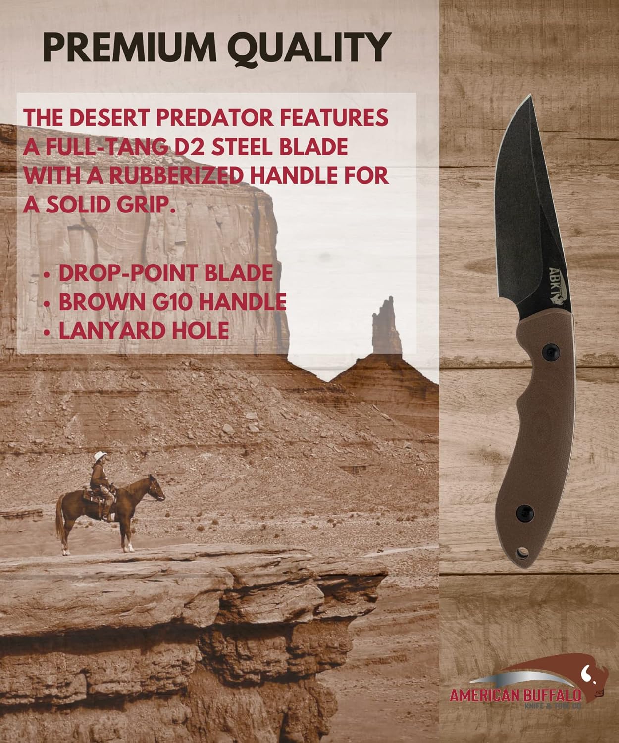 ABKT Desert Predator Tan – Handmade Fixed Blade Knife with Custom Molded Sheath & Stonewashed D2 Steel Blade.