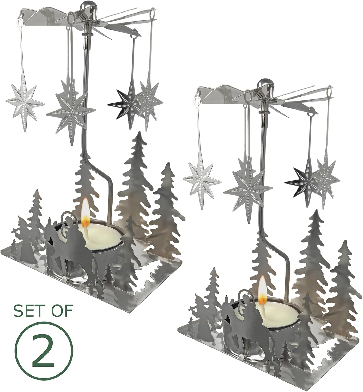 Holy Family Candle Spinner - Laser Cut Silver Plated Tea Light Holder - Holy Family Scene and Moravian Stars - Set of 2 - Scandinavian Design - Measures 5" H X 3 1/2" L X 2 1/4" W.