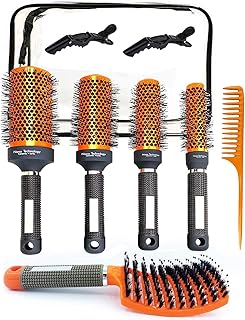 Round Brush for Blow Drying, Ceramic Ion Thermal Barrel Brush, 4 Different-Sized Round Hair Brush and Curved Vented Boar B...