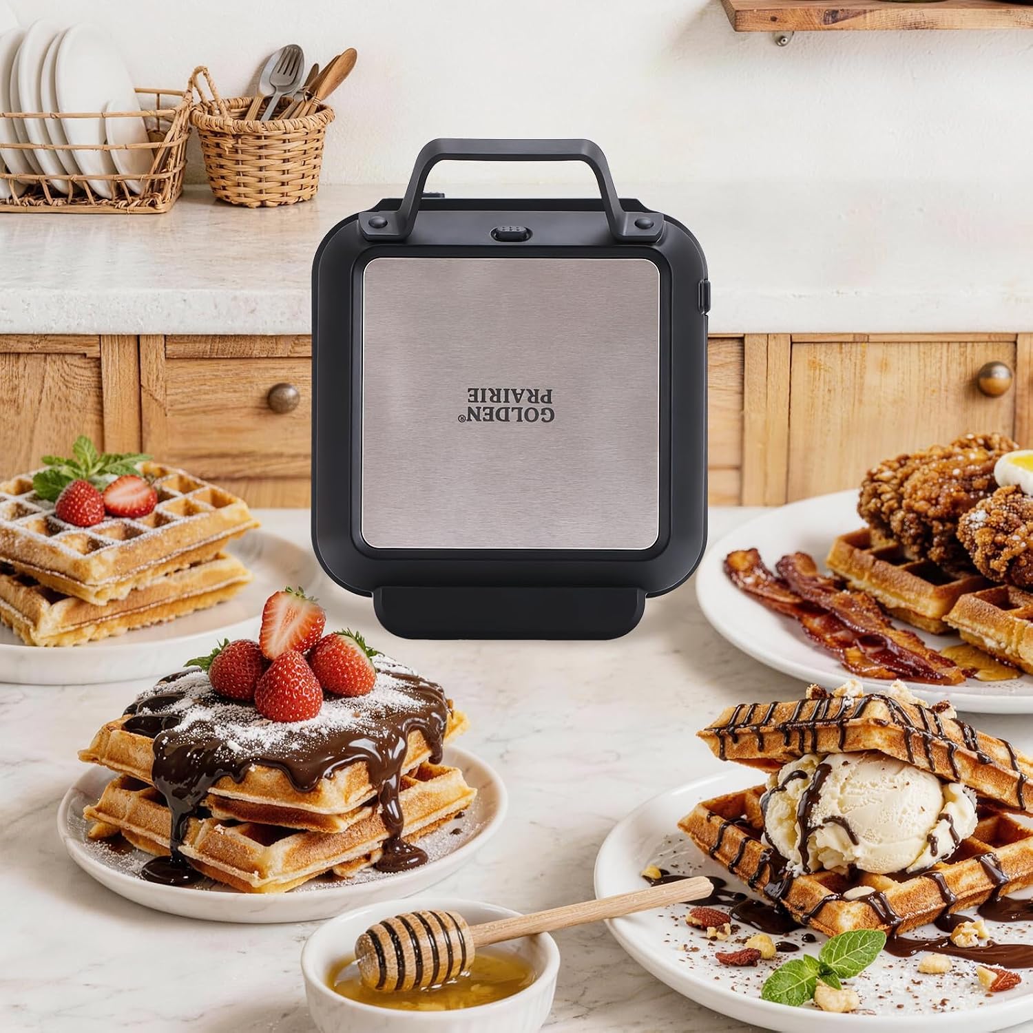 Mini Belgian Waffle Maker with digtial Touch Control and removable plates | Digital touch display, timer and custom modes,8 Browning Levels, nontoxic nonstick plates,for classic and chocolate waffles thumbnail