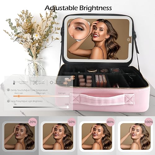 Vista 74 de MOMIRA Bolsa de maquillaje de viaje, bolsa de cosméticos, bolsa organizadora de maquillaje con espejo iluminado, brillo ajustable en 3 escenarios