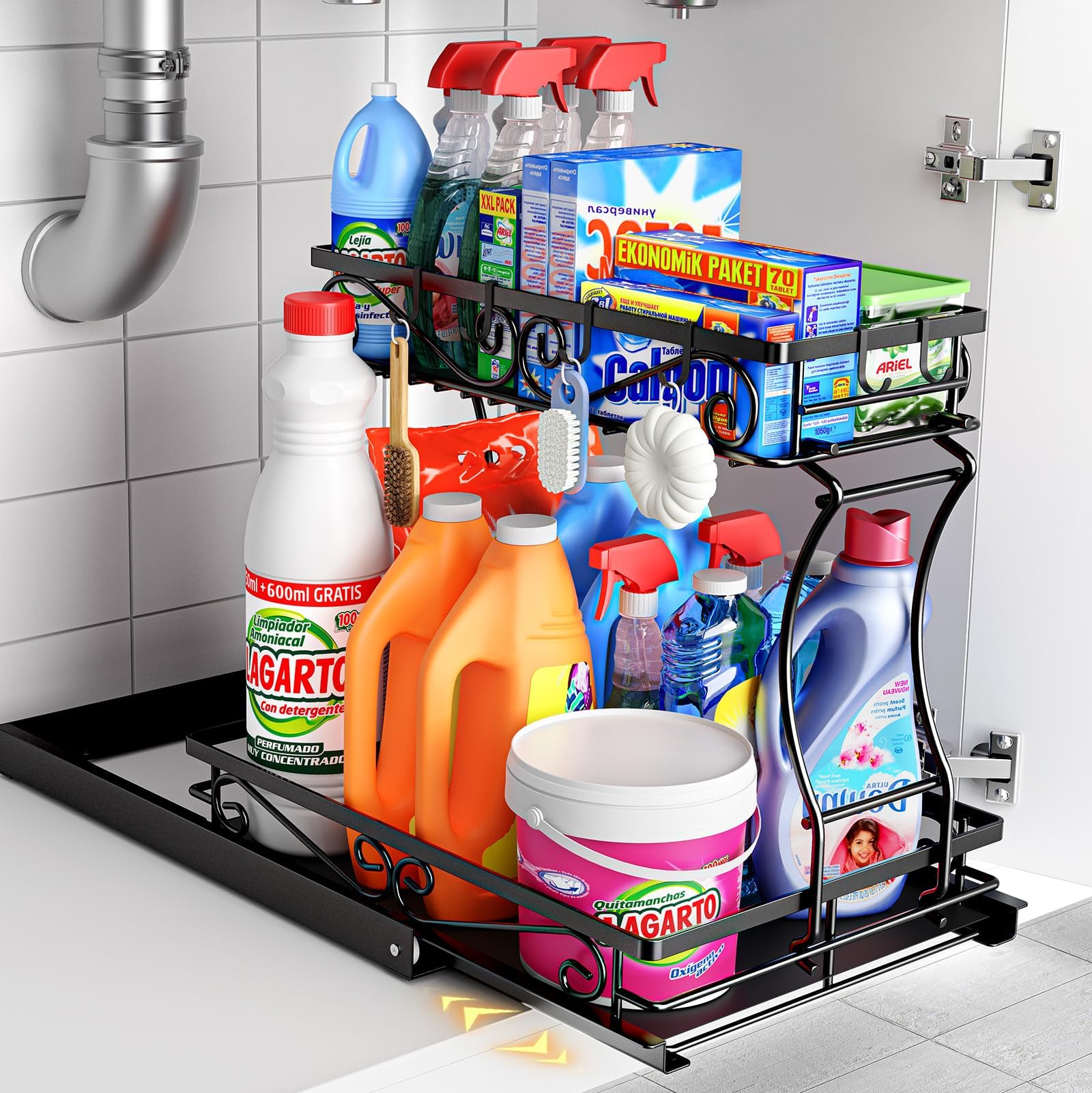 PKBD 2 Tier Under Sink Storage Organiser with 6 Hooks, Kitchen Sink Caddy Organizer with Detachable Upper Layer,Slide out Pull out Cabinet Organizers Shelf for Kitchen,Bathroom