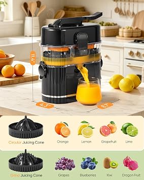 Electric Orange Juicer, Dual-Head Citrus Juicer Squeezer with Power Cord & Cleaning Brush, Built-in Cutter, One-Touch Automatic Electric Juicer Machine for Orange, Lemon and Grapefruit, Black