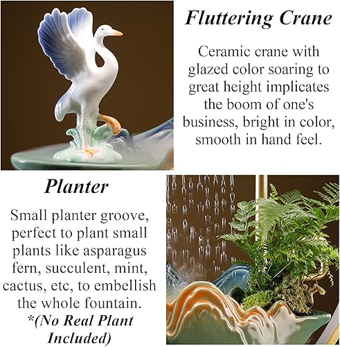 Miniatura 4 de Fuente de agua de mesa con grúa, cascada interior con luz LED, fuente de escritorio para meditación con niebla, fuente japonesa con plantas falsas,