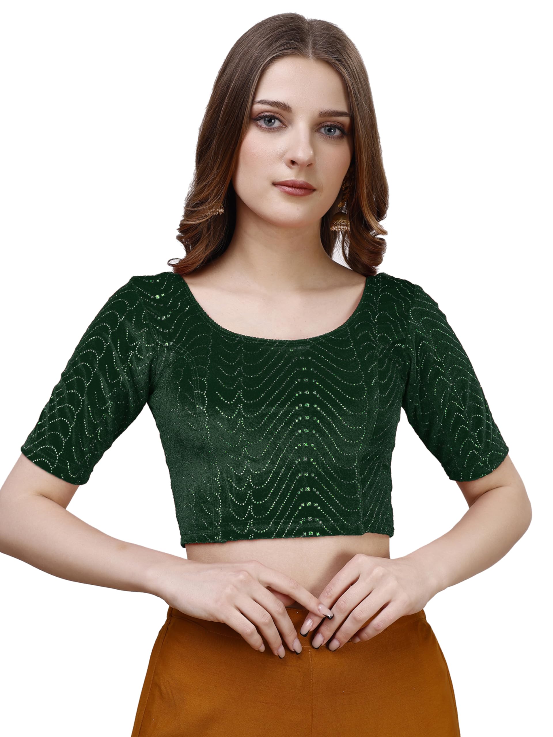 Pujia Mills Women's Readymade Hosiery Velvet Lycra Stretchable Round Neck Half Sleeve Blouse With Jari Work Fancy Green Color Lycra Stretchable Blouse For Women Readymade Saree Blouse