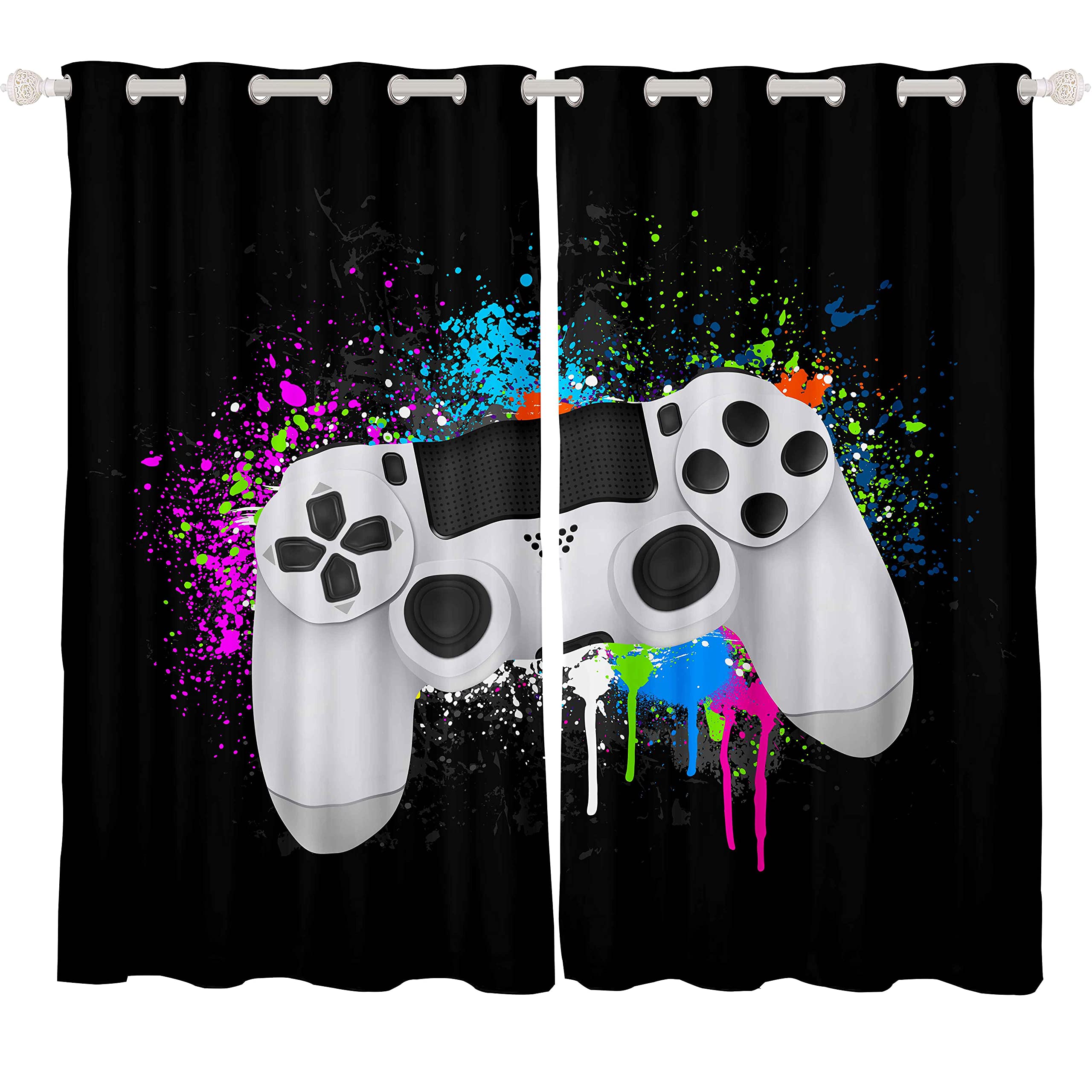 Loussiesd Kids Gamepad Curtains Gamer Window Treatments for Boys Girls Childre White Video Game Controller Window Drapes Teens Colorful Tie Dye Window Curtain Black Room Decor W66*L72 - Image 2