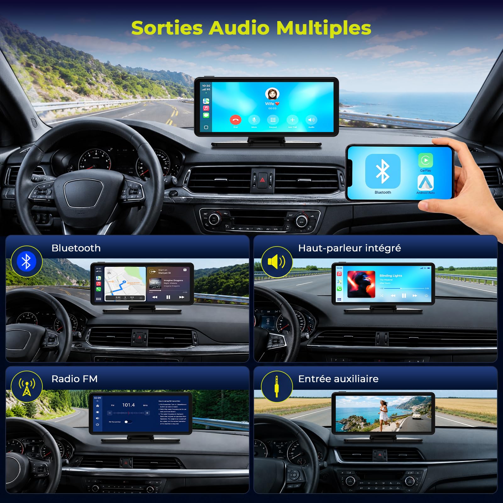 LAMTTO Display Wireless CarPlay & Android Auto Con Dashcam 2,5K + 1080P, Schermo Touch HD Portatile da 6,86 Pollici, CarPlay Con Assistente Vocale, Navigazione, Bluetooth, Scheda da 64 GB, Mirror Link