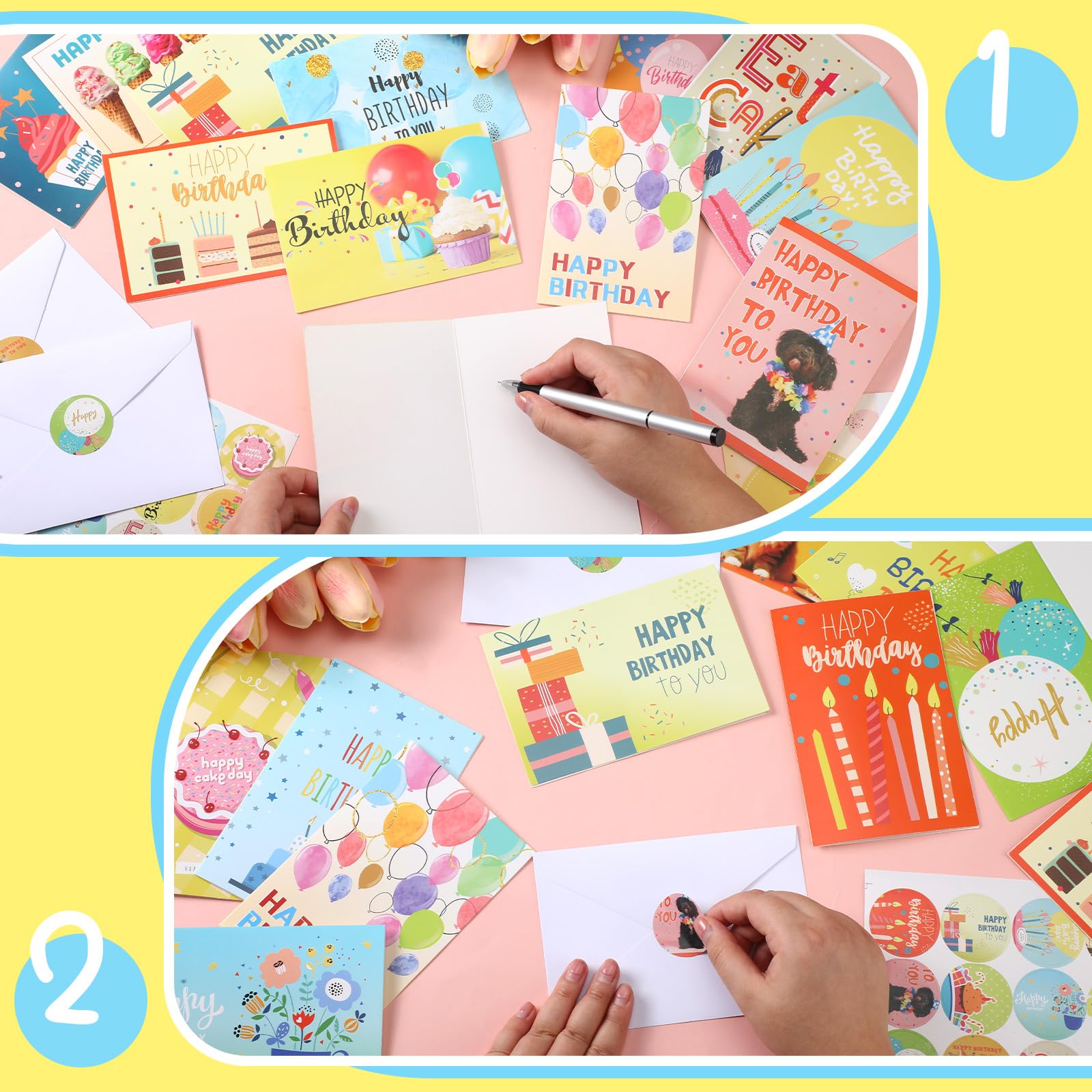 Harloon Lot de 200 cartes d'anniversaire uniques assorties en vrac avec enveloppes vierges et autocollants de 10,2 x 15,2 cm, cartes d'anniversaire vierges pour femmes, hommes, enfants, adultes, 20