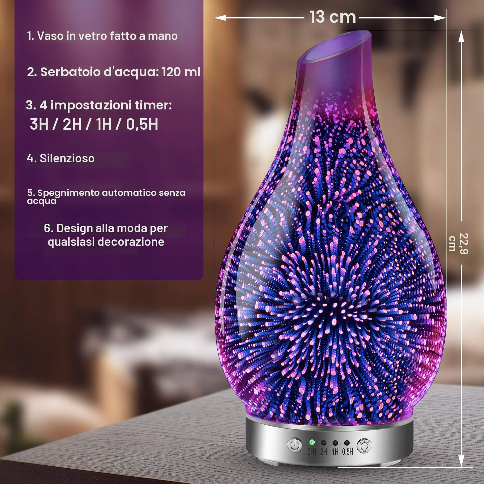 MAXWINER Diffusore di oli essenziali a ultrasuoni in vetro 3D per aromaterapia, spegnimento automatico, impostazione timer, luci LED in 7 colori che cambiano, per casa, ufficio, spa, 120 ml