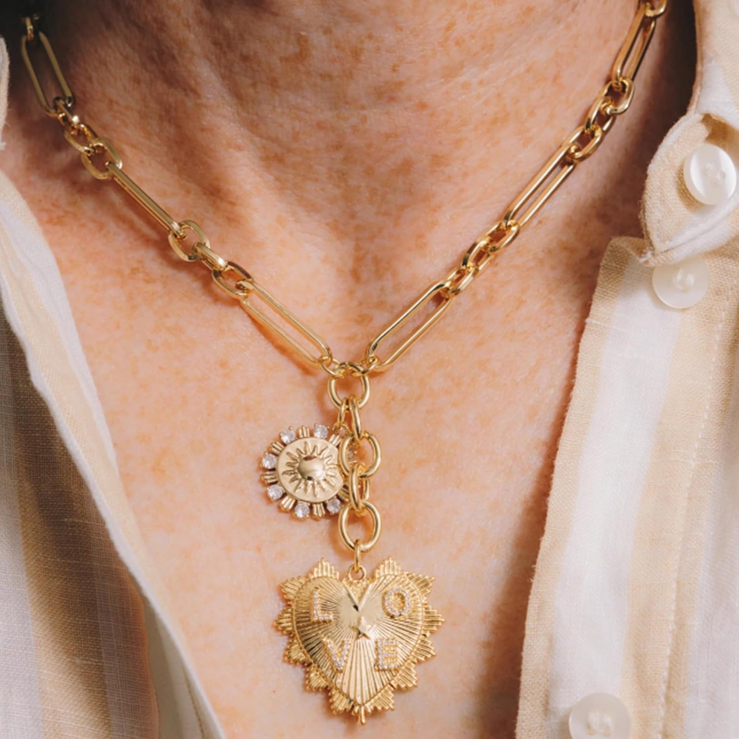 MISS RIGHT Gold Love Heart Sun Charm Chunky Paperclip Chain for Women Trendy 18K Gold Plated Coin Sunflower Pendant Choker Necklace Hip Hop Jewelry Gifts for Her - Image 2