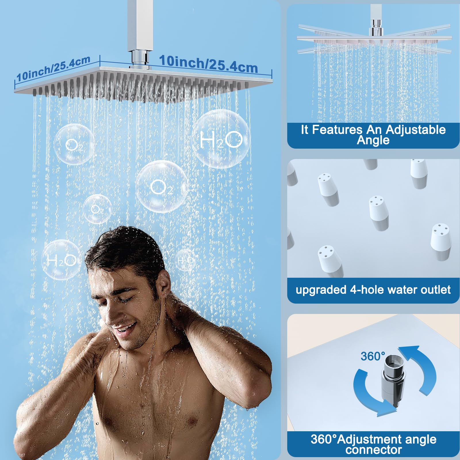 Sistema de ducha compacto de 3 funciones, 4 agujeros de 25,4 cm, cabezal de ducha de lluvia montado en el techo, con 4 chorros de cuerpo y 2 en 1 de mano, cromado