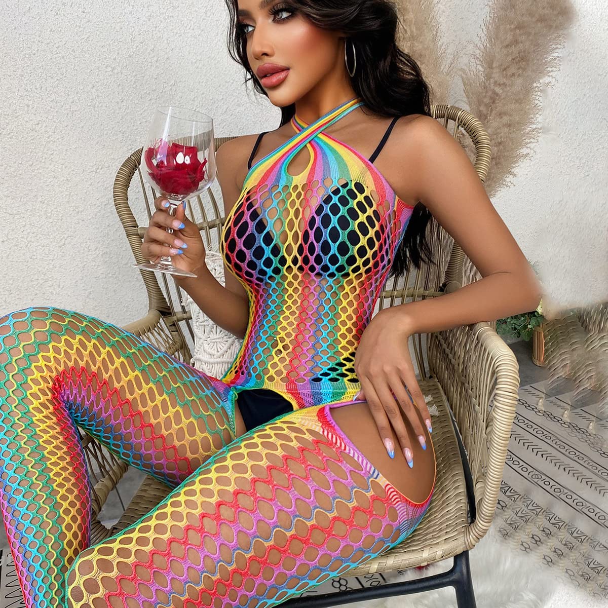 ABAFIP Women Colorful Rainbow Striped Fishnet Bodysuit Teddy Babydoll Mini Dress Festival Rave Dance Bikini Beach Coverups: One Size Colorful Rainbow-13