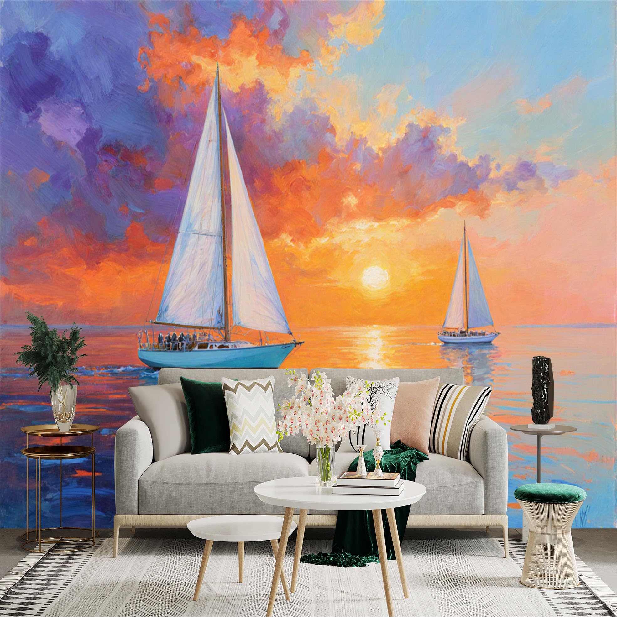 Custom Size Wall Sticker Mural， Sailboats on Ocean， Golden Sunset Horizon， Vivid Oil Painting Style， for wall Decoration， peelandstick wall Decals.
