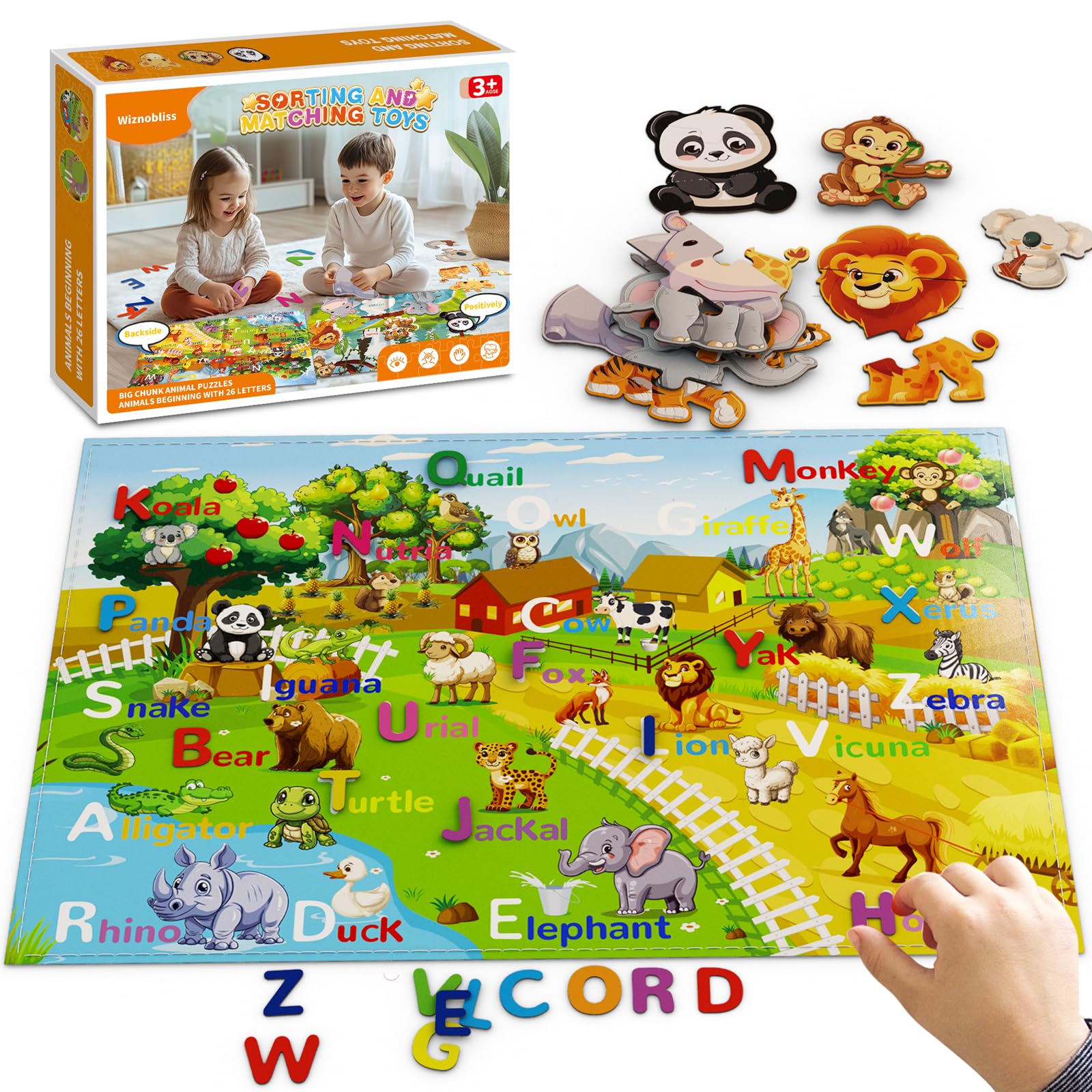 Sorting Toys for Toddlers, Wiznobliss Animal Puzzles Learning A B C Alphabet Matching Toys for Toddlers, Montessori Fine Motor Sensory Animal Alphabet Puzzle for 3+ Year Old.