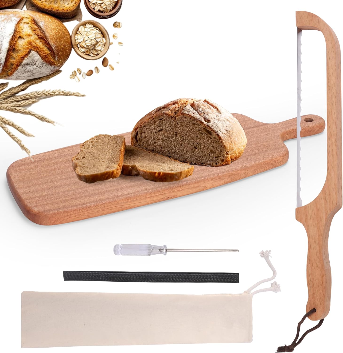 Eoufore 16" Sourdough Bread Knife & Sapele Wood Breadboard Kit - Serrated Stainless Steel Slicer for Thin Slices of Homemade Bread, Baguettes & More