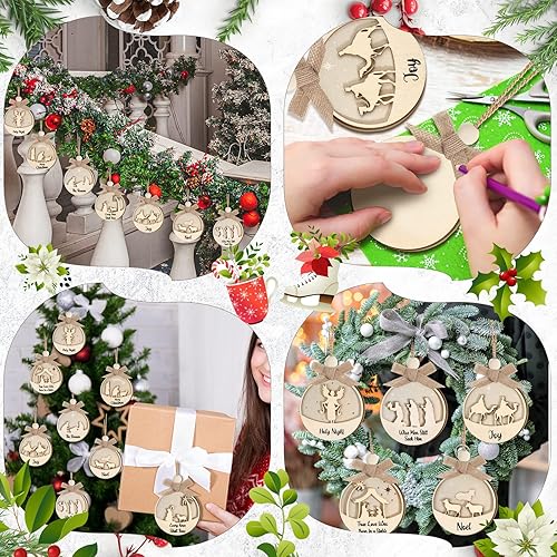 Miniatura 6 de Patelai 16 adornos de belén Natividad religiosa 3D colgante de madera decoración cristiana para árbol de Navidad, interior y exterior