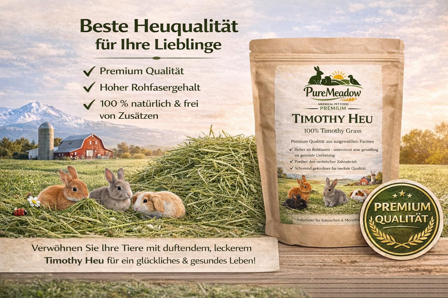 PureMeadow Premium Timothy Heno para conejos, cobayas, chinchillas, hámsters y otros animales pequeños, 3 kg