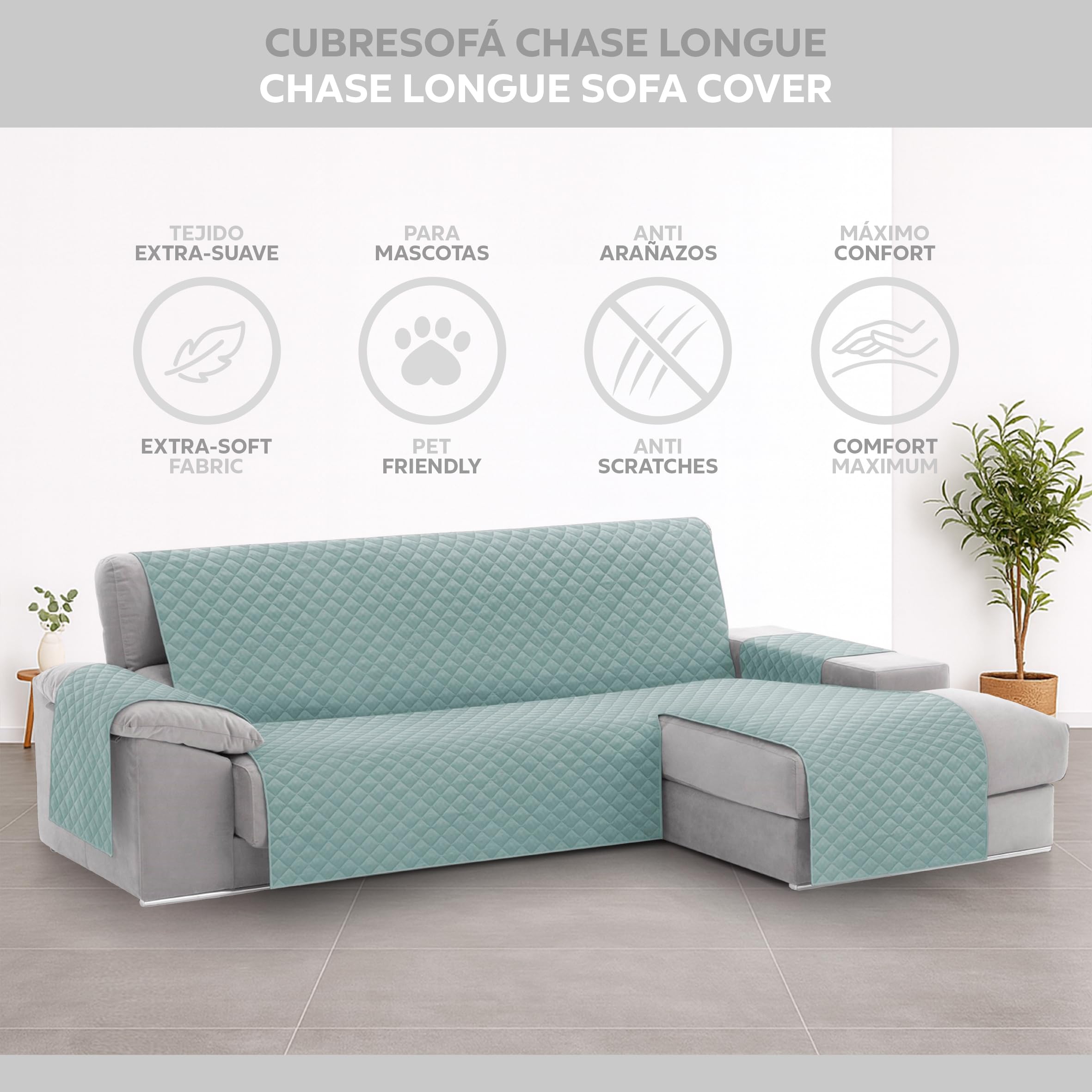 Textilhome Copridivano Chaise Longue con Penisola Malu 240cm – Salvadivano Trapuntato Universale con Bracciolo Destro, Protezione per Animali Domestici, Colore Acquamarine (Visto da Davanti)