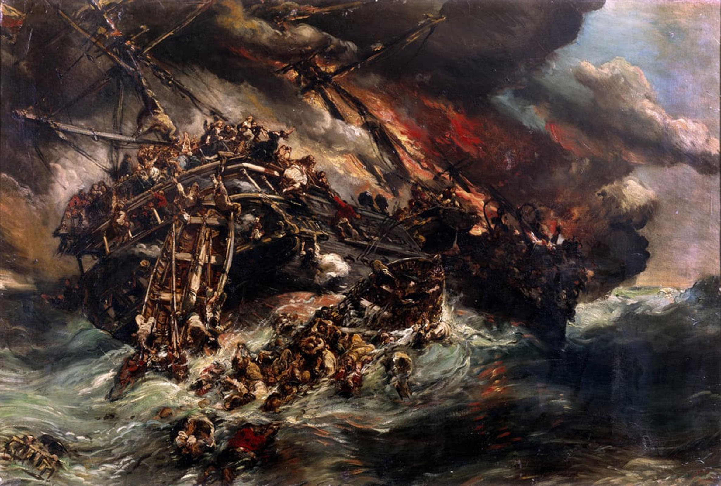 HRJUBWREE Famous Paintings Pictures Artwork Picture the Fire of the Steamer Austria' Painting by Louis Eugene Gabriel Isabey Photo Wall Print for Office Decor 60x90cm