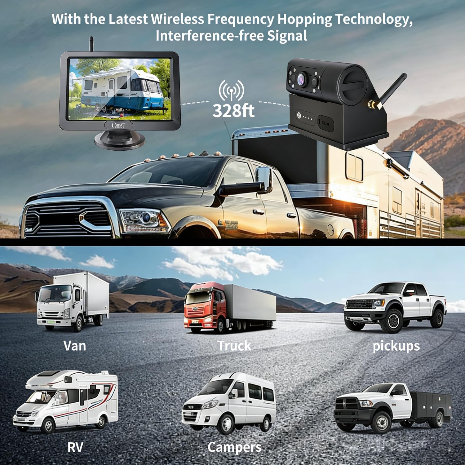 OBEST Magnetic Solar Wireless Backup Camera System with 5" HD Monitor, Long-Range Digital Signal, Image Flip, Easy DIY Install for Trucks, Trailers, RVs, DC 8V–32V