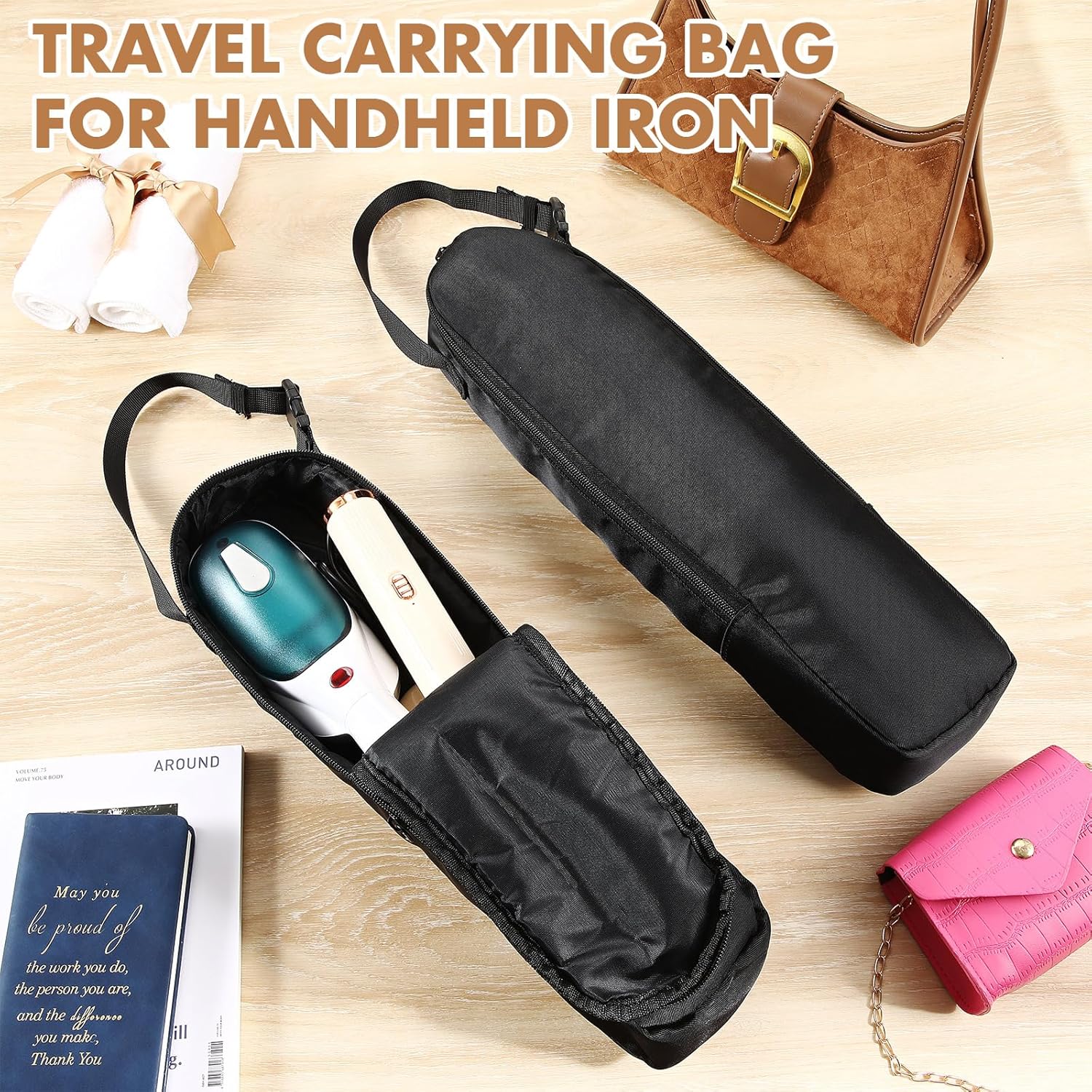 2 Pcs Portable Steamer Bags for Travel Steam Iron, Black Travel Carrying Bag for Handheld Iron, Handheld Steamer Case Organizer with Hanging Buckle Strap, Fits Travels Bag Only