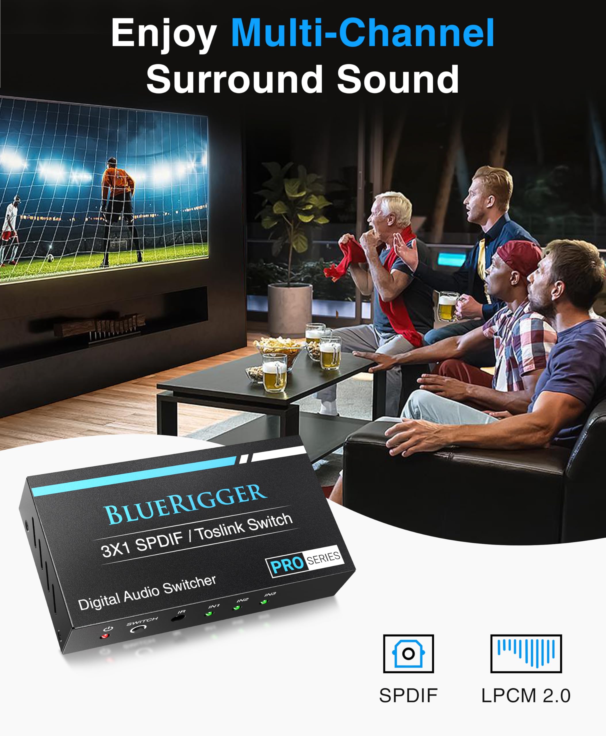 BlueRigger Interruttore ottico digitale Toslink 3x1 (LPCM 2.0, SPDIF Optical Audio Switcher con telecomando IR, interruttore a fibra ottica 3 in 1) - Compatibile con console di gioco, HDTV