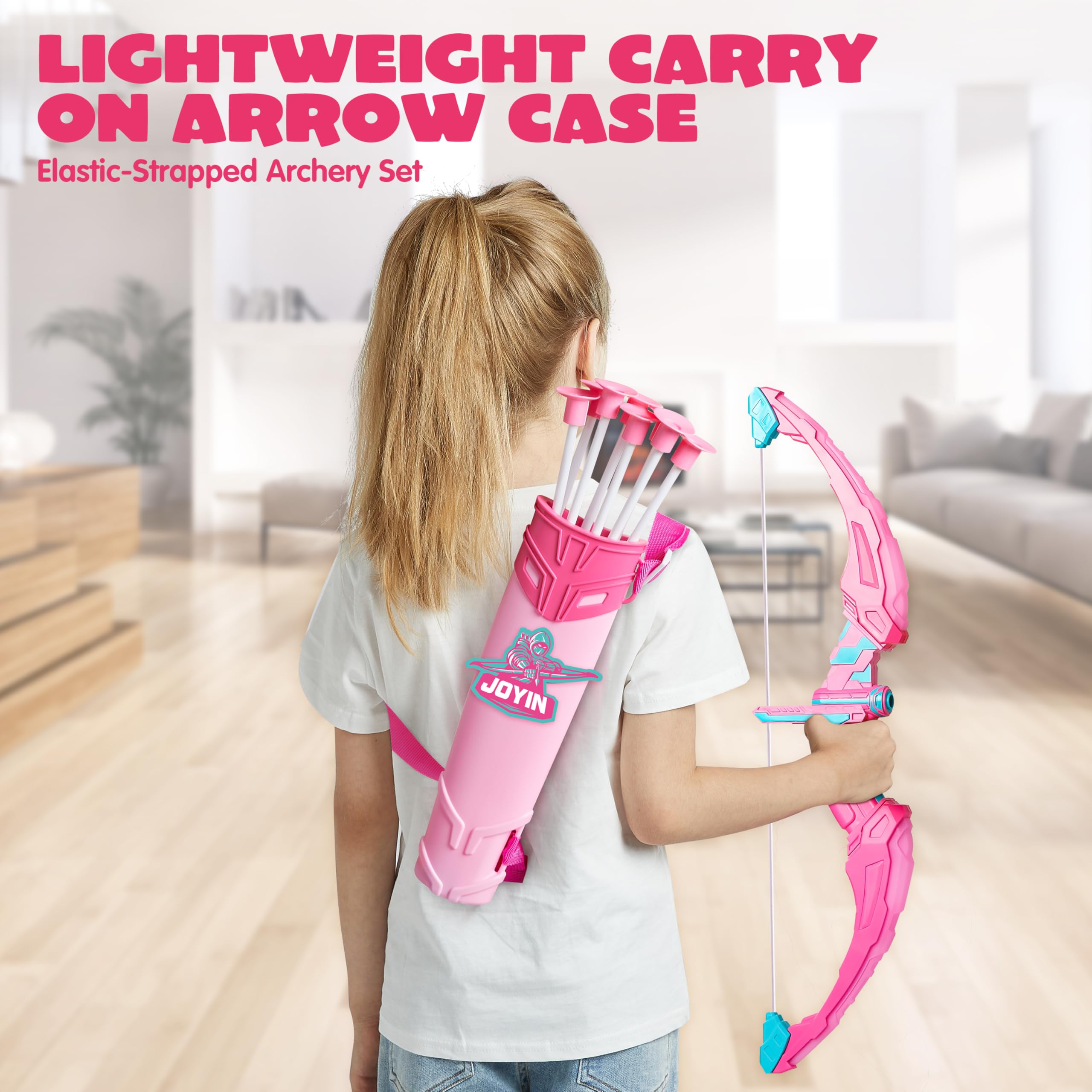 JOYIN Set con frecce e arco per bambini di 6 anni, con illuminazione a LED, con frecce a ventosa, bersaglio e custodia per frecce, giocattolo per interni ed esterni, per bambini e ragazzi (rosa)