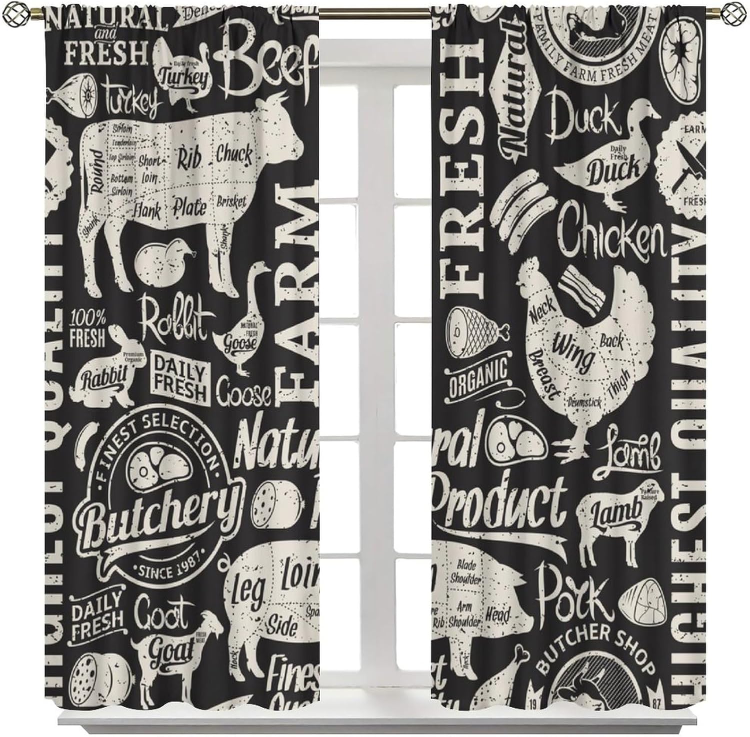 Country Farm Animal Curtains for Kitchen, Retro Farmhouse Cow Chicken Pig Black Window Treatment for Bedroom Living Room Dinning Room Drapes 2 Panel Sets, 42x45 Inch