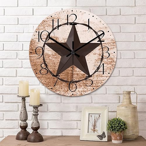 Tollyee Reloj de pared retro Western Texas Star clásico reloj de madera sin tictac, silencioso funciona con pilas, fácil de leer, elegante reloj Tollyee Reloj de pared retro Western Texas Star clásico reloj de madera sin tictac, silencioso funciona con pilas, fácil de leer, elegante reloj