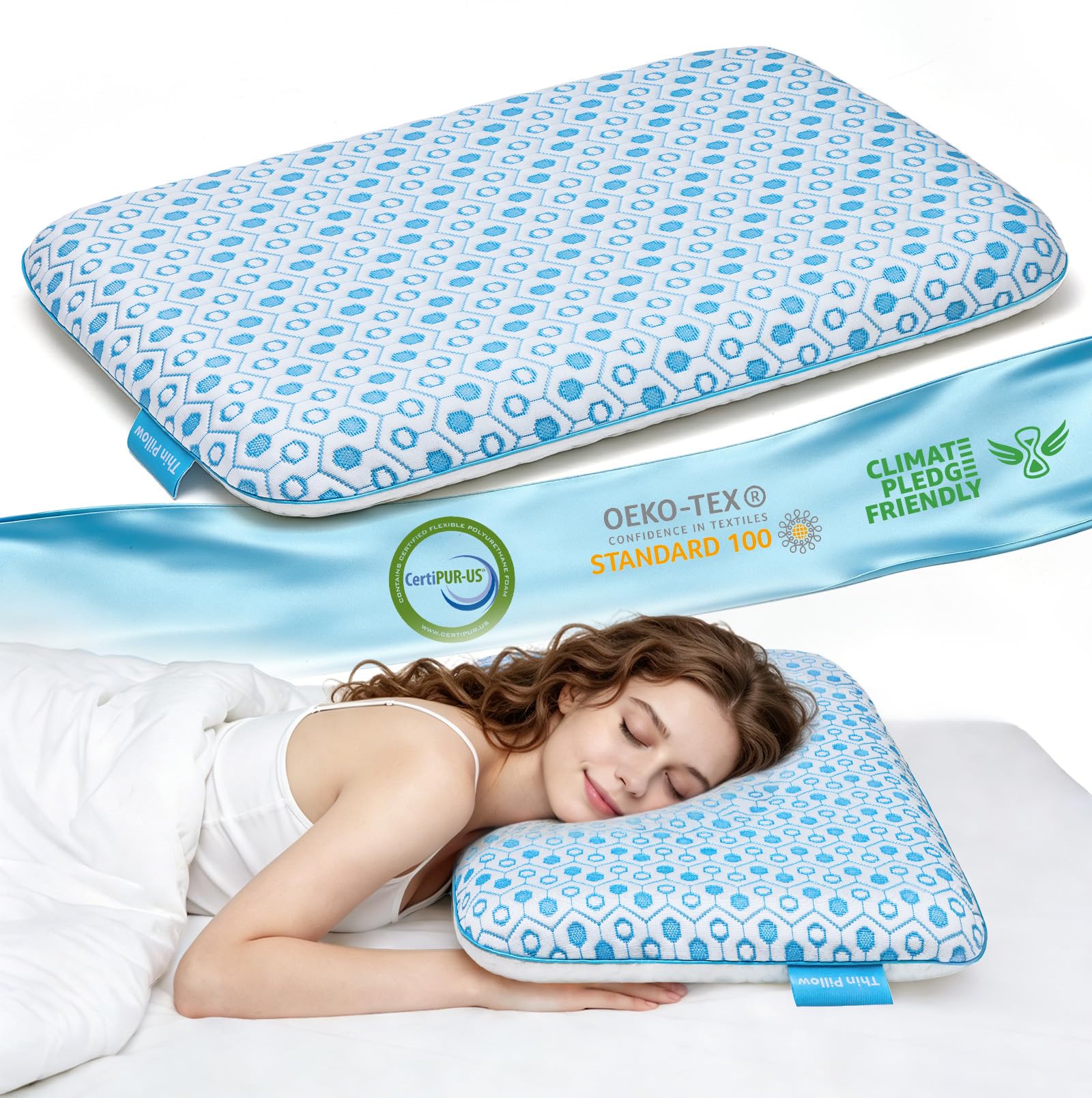 Niceeday Ultra-dünnes Memory-Schaum-Kissen, 5,7 cm flaches Nackenstützkissen mit Kühlgel, atmungsaktives flaches Kissen für Bauch- und Rückenschläfer, waschbarer Bezug