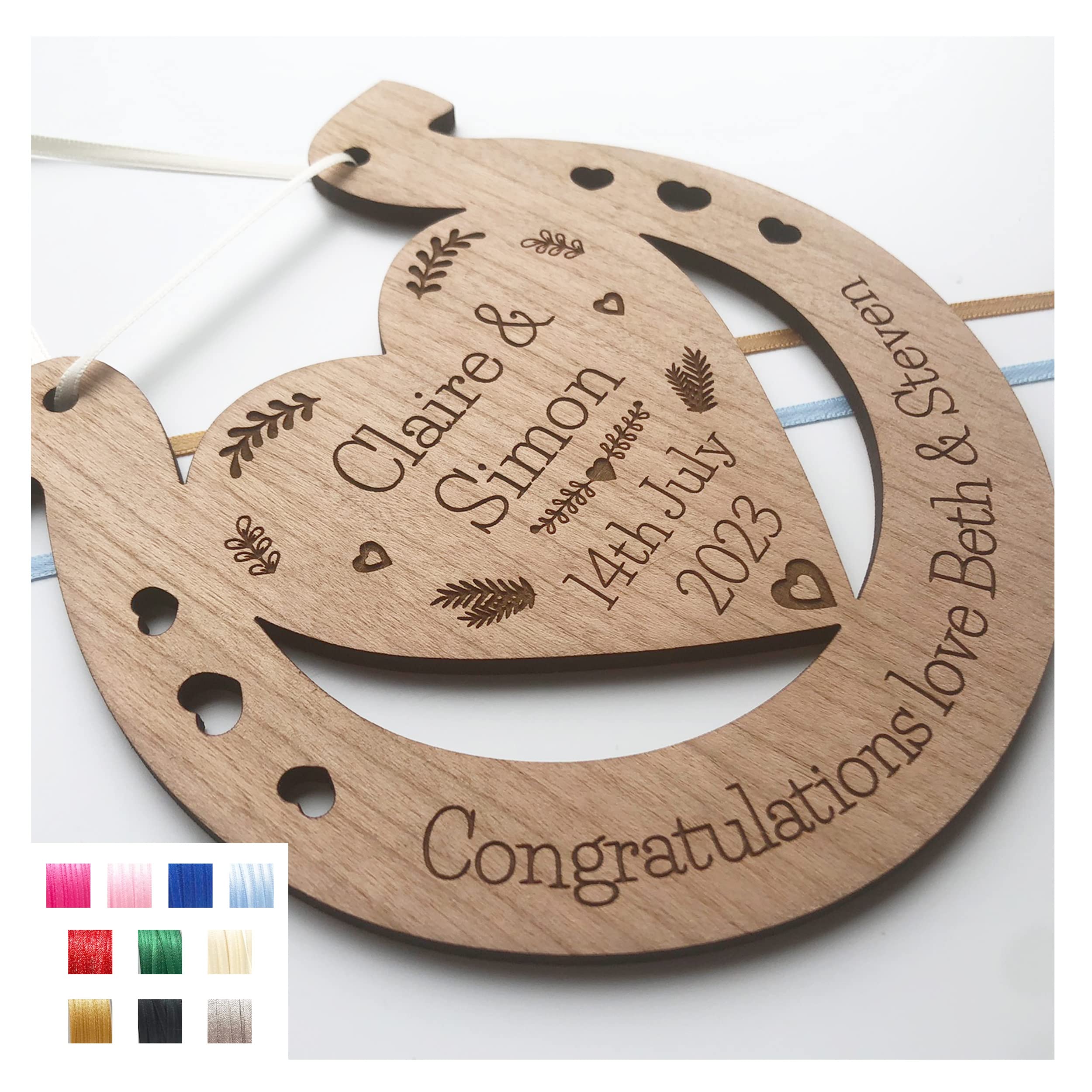 Lovethis** Cherry Personalised Wooden Wedding Lucky Horseshoe Plaque Gift For Bride And Groom (Heart In Horseshoe)