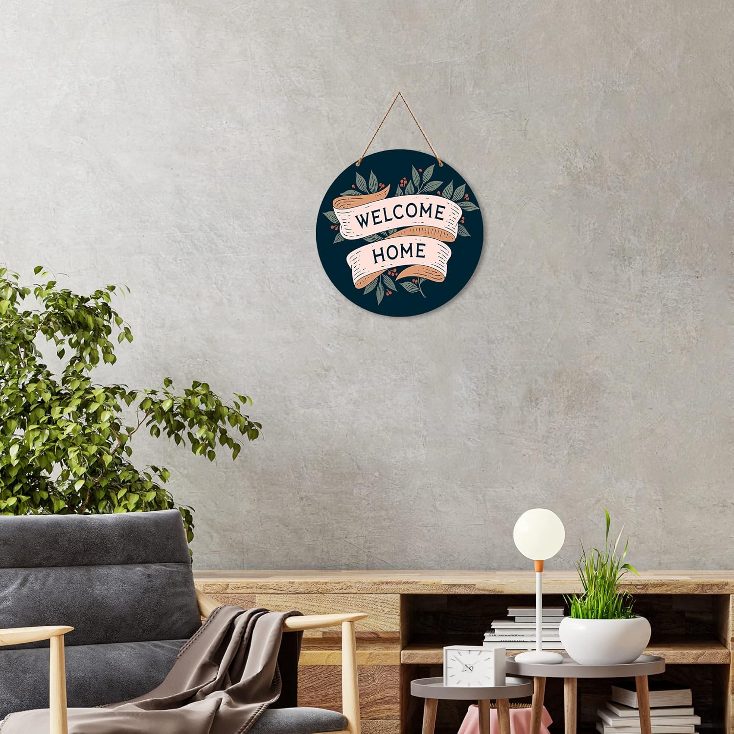 Artvibes Welcome Home Round Wall Hanger (WH_4005N, Multicolour)