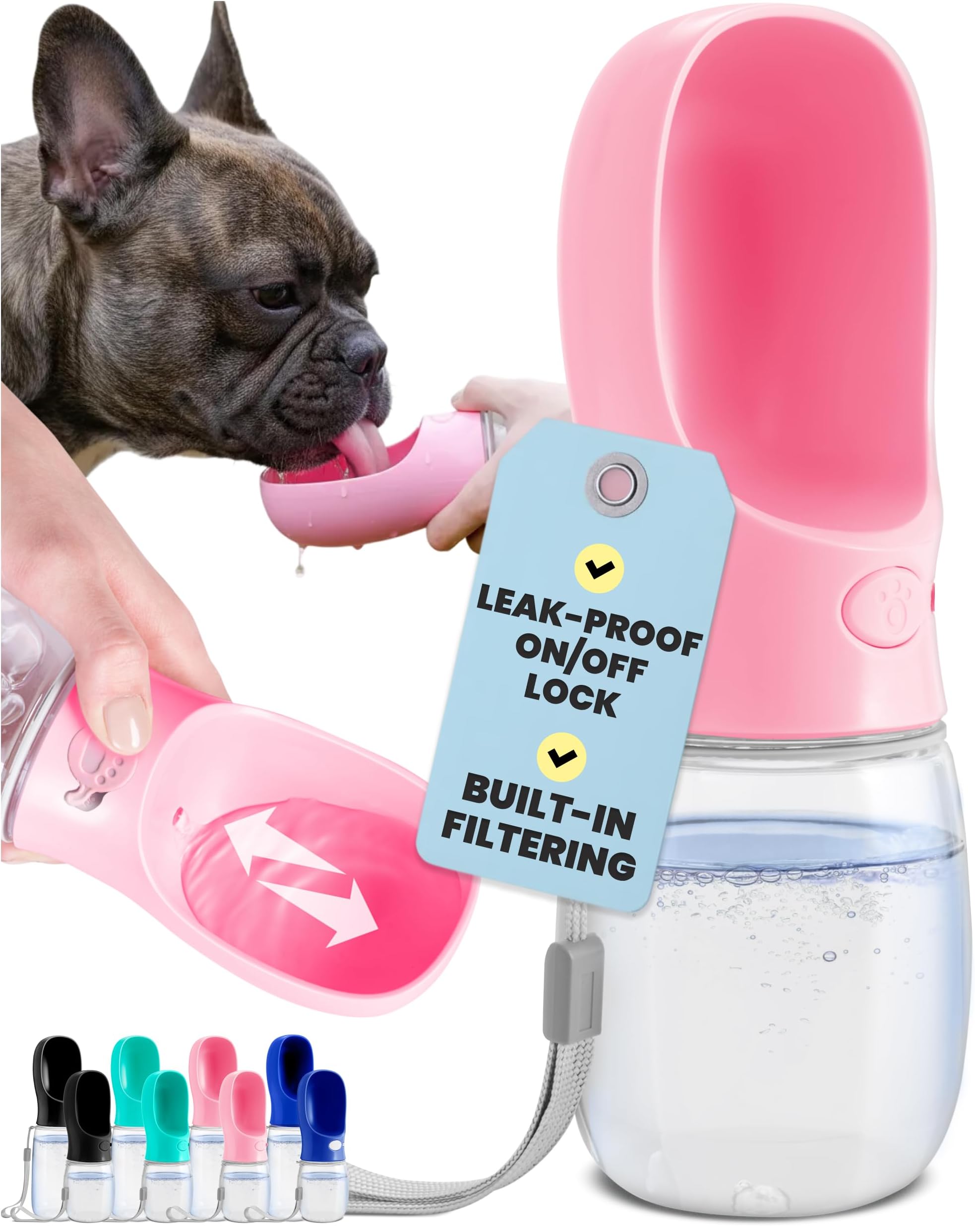 On the Go Dog Water Bottle Dispenser - 12 oz Pink - Leak-Proof Lock & One-Hand Operation - Dog Water Bowl - Pet Travel Bottle with Built-in Bowl, Travel Ready BPA-Free Pet Supplies